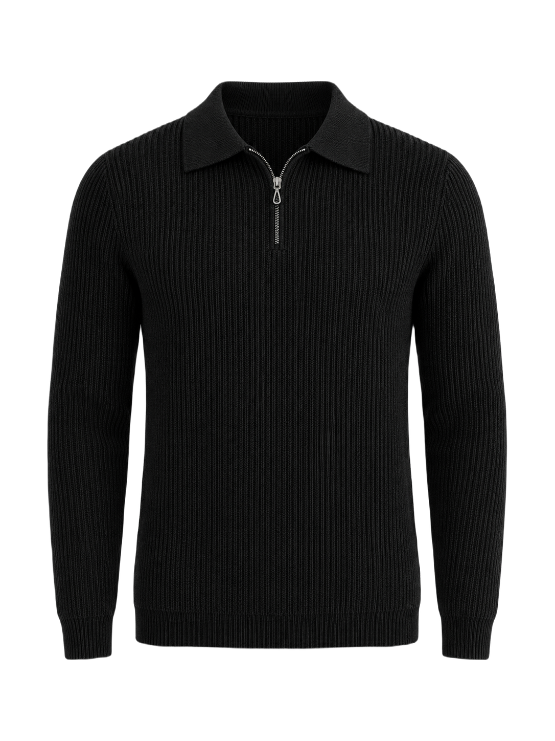 OLD MONEY V Collar Zipped Sweater — BLACK studio packshot hero 3:4 transparent 20260912