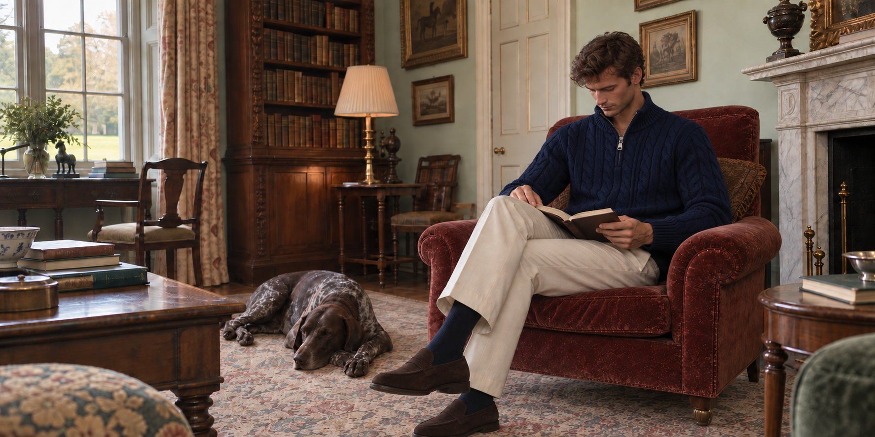 Stanislas Parker tailored trousers on an English country terrace