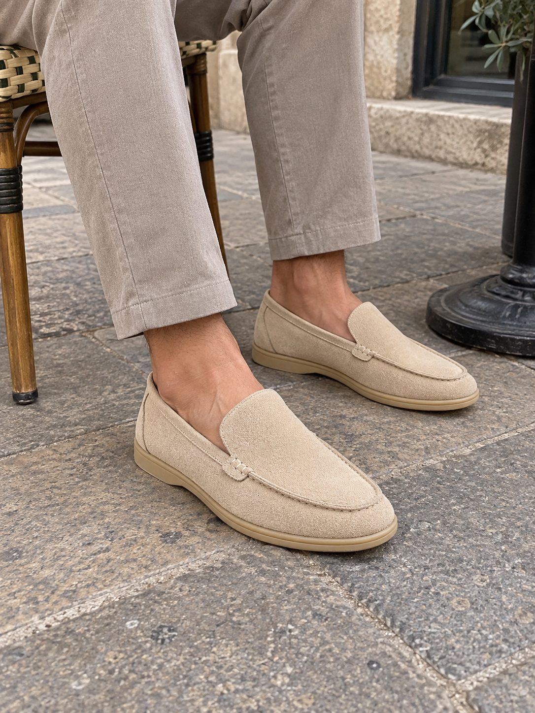The Suede Loafer worn with the Tailored Trouser