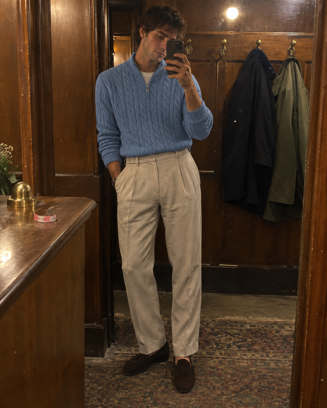 Denim Blue Jacquard Mock Neck Sweater in an elevator mirror