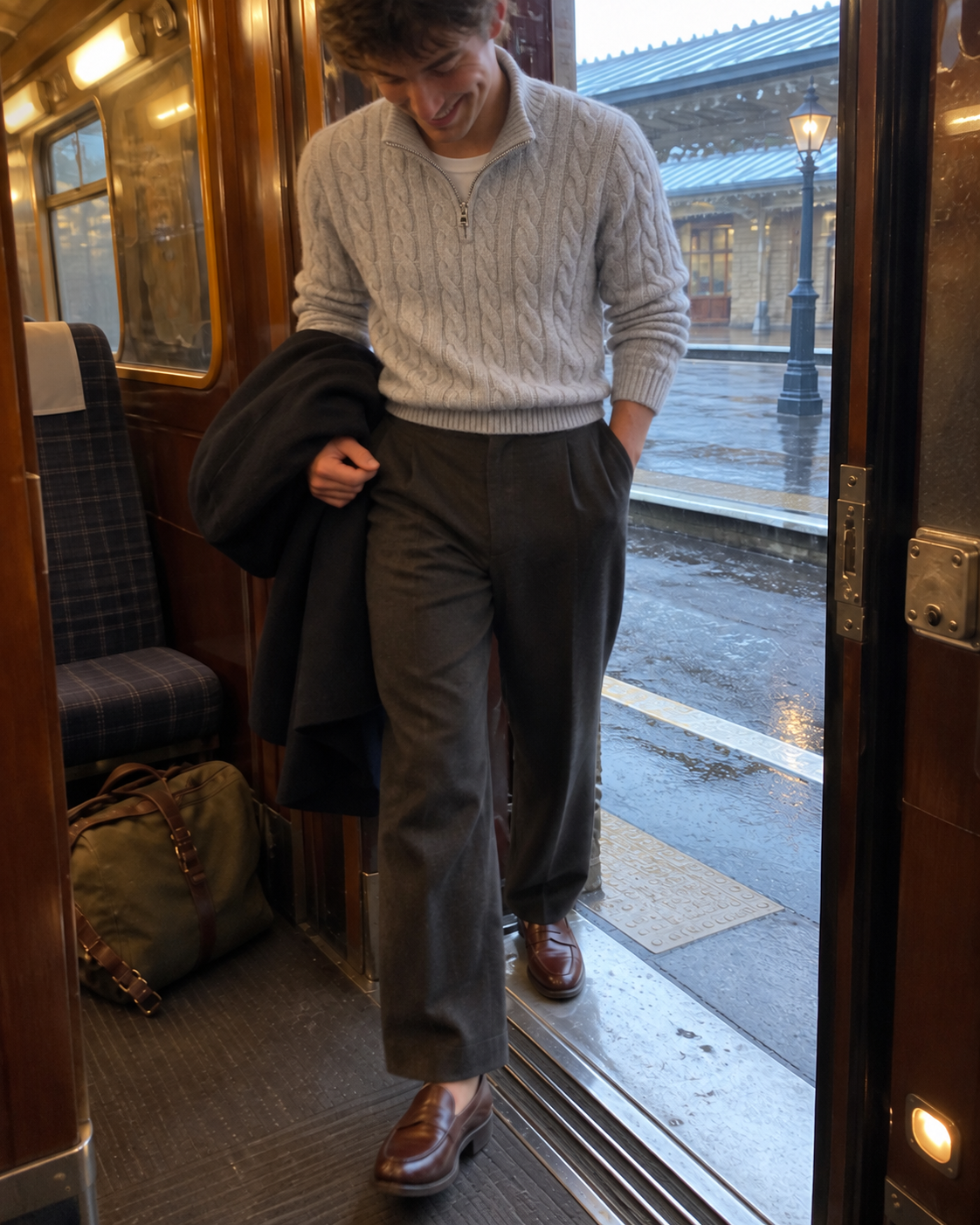 Light Grey Jacquard Mock Neck Sweater worn stepping from a vintage train