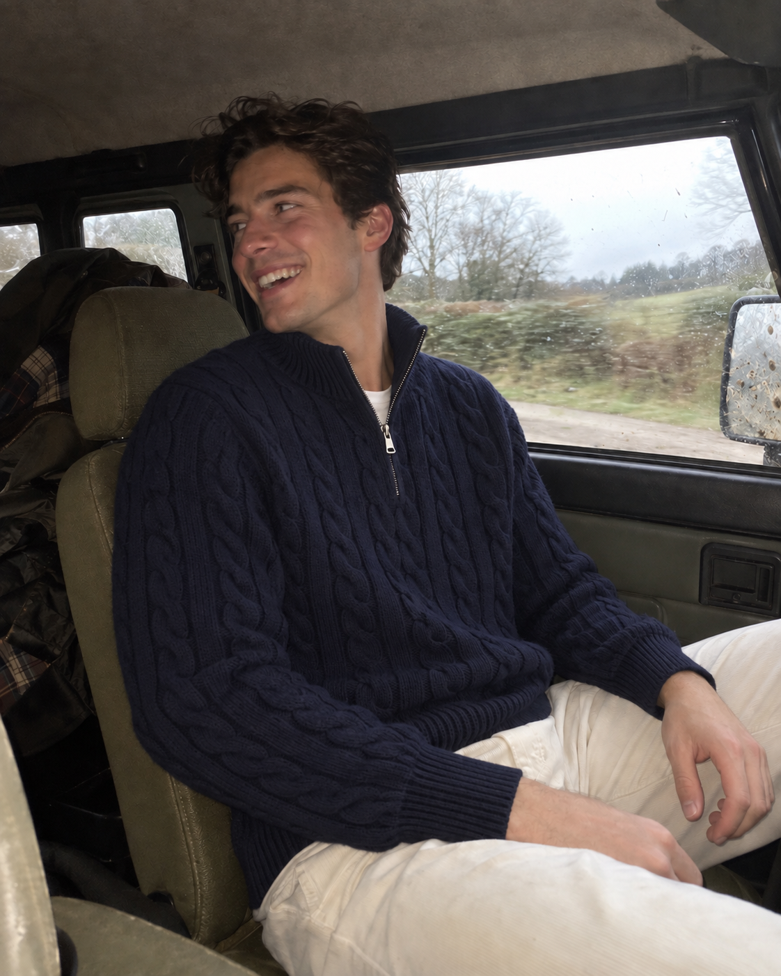Navy Blue Jacquard Mock Neck Sweater worn in an old 4x4