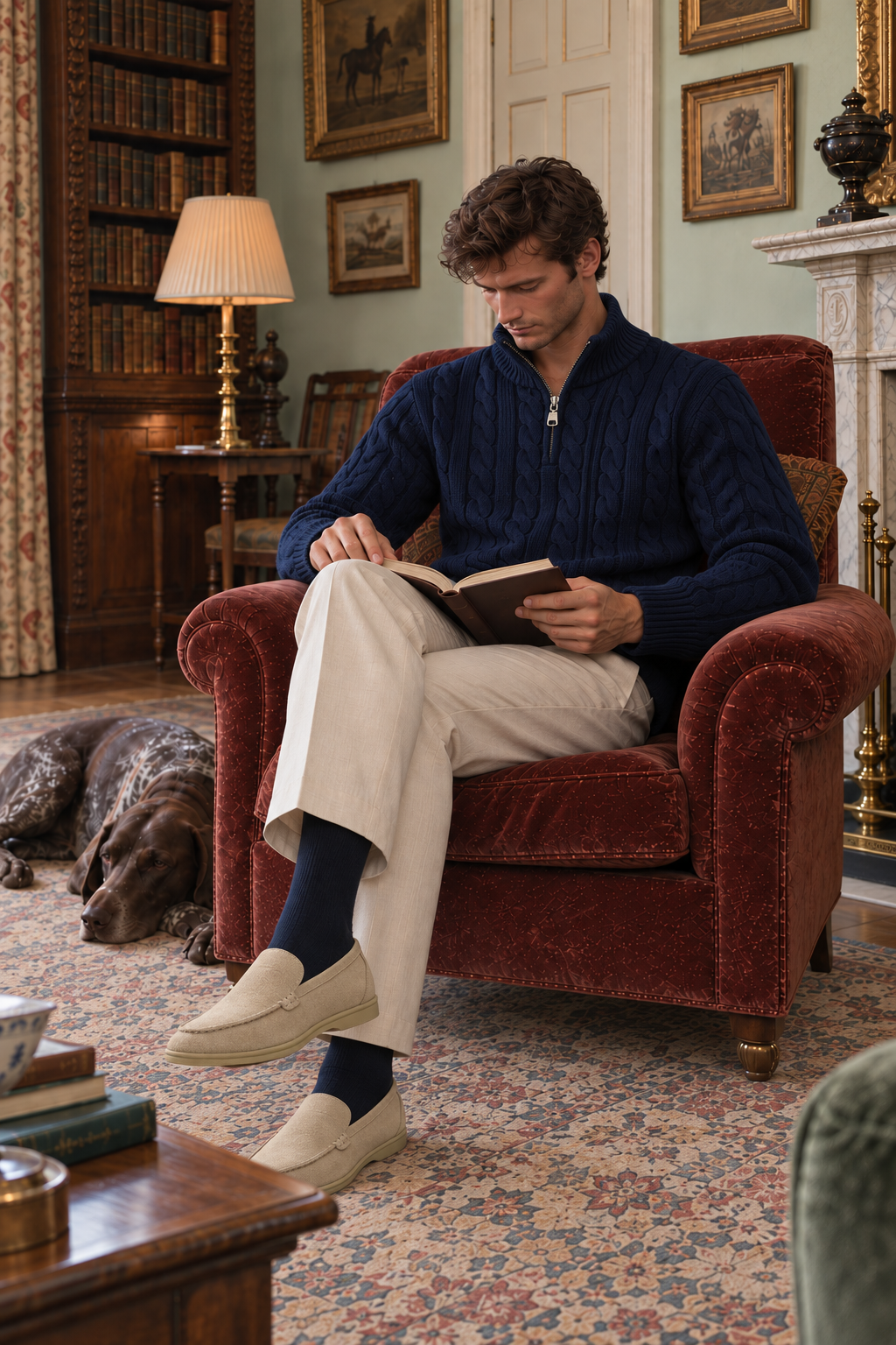 The Jacquard Mock Neck Sweater worn with a light tailored trouser