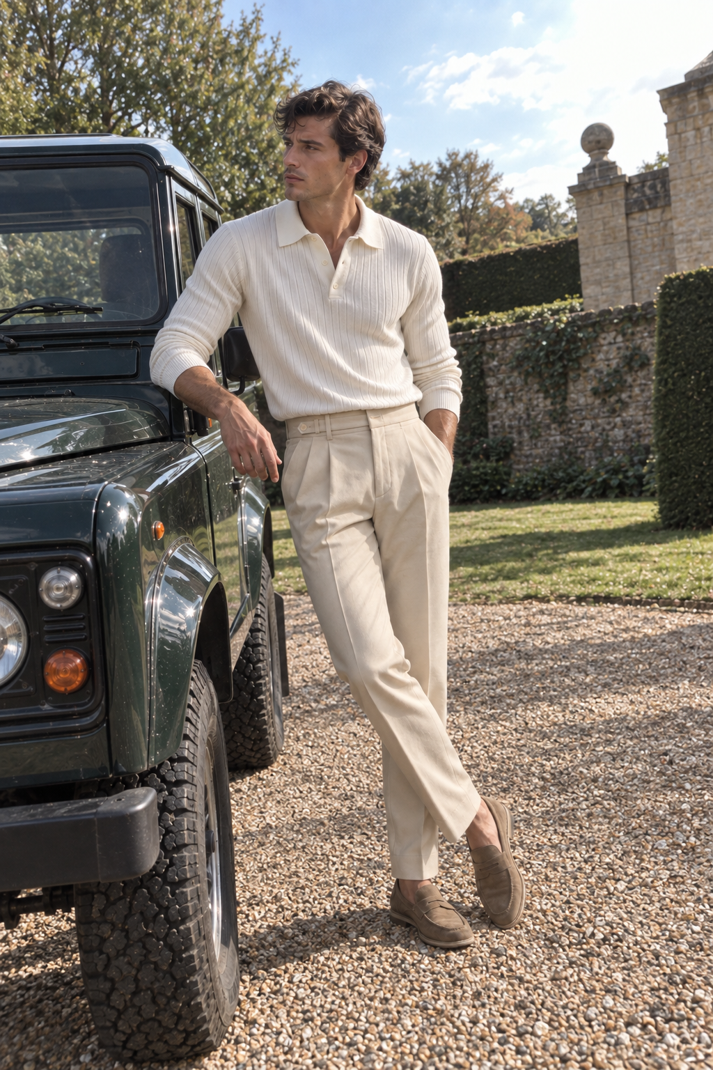Young man wearing the Long Sleeve V Collar Polo in white and Tailored Trouser Pants in Kaki beside an English estate garden