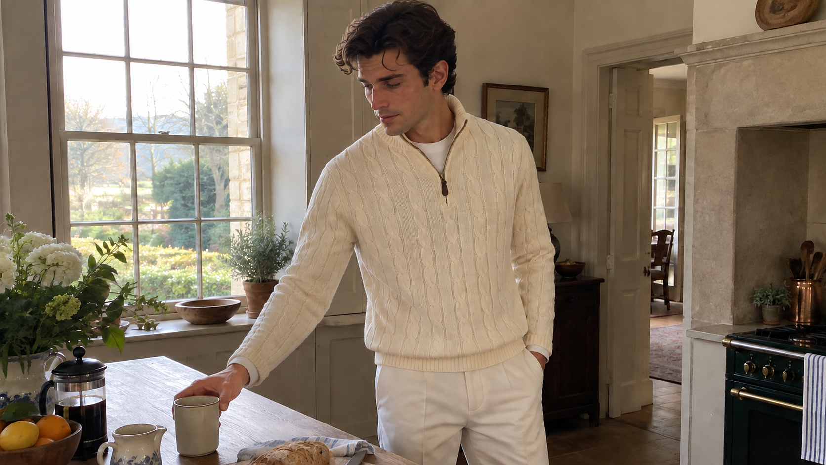 Beige Jacquard Mock Neck Sweater worn in a quiet everyday moment