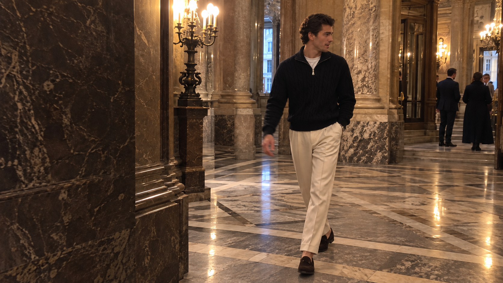 Black Jacquard Mock Neck Sweater worn in a quiet everyday moment