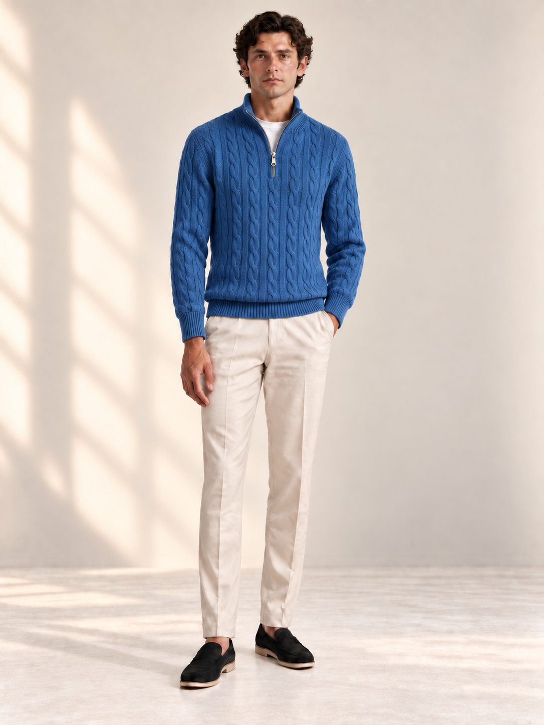 Jacquard Mock Neck Sweater — BLUE — front view