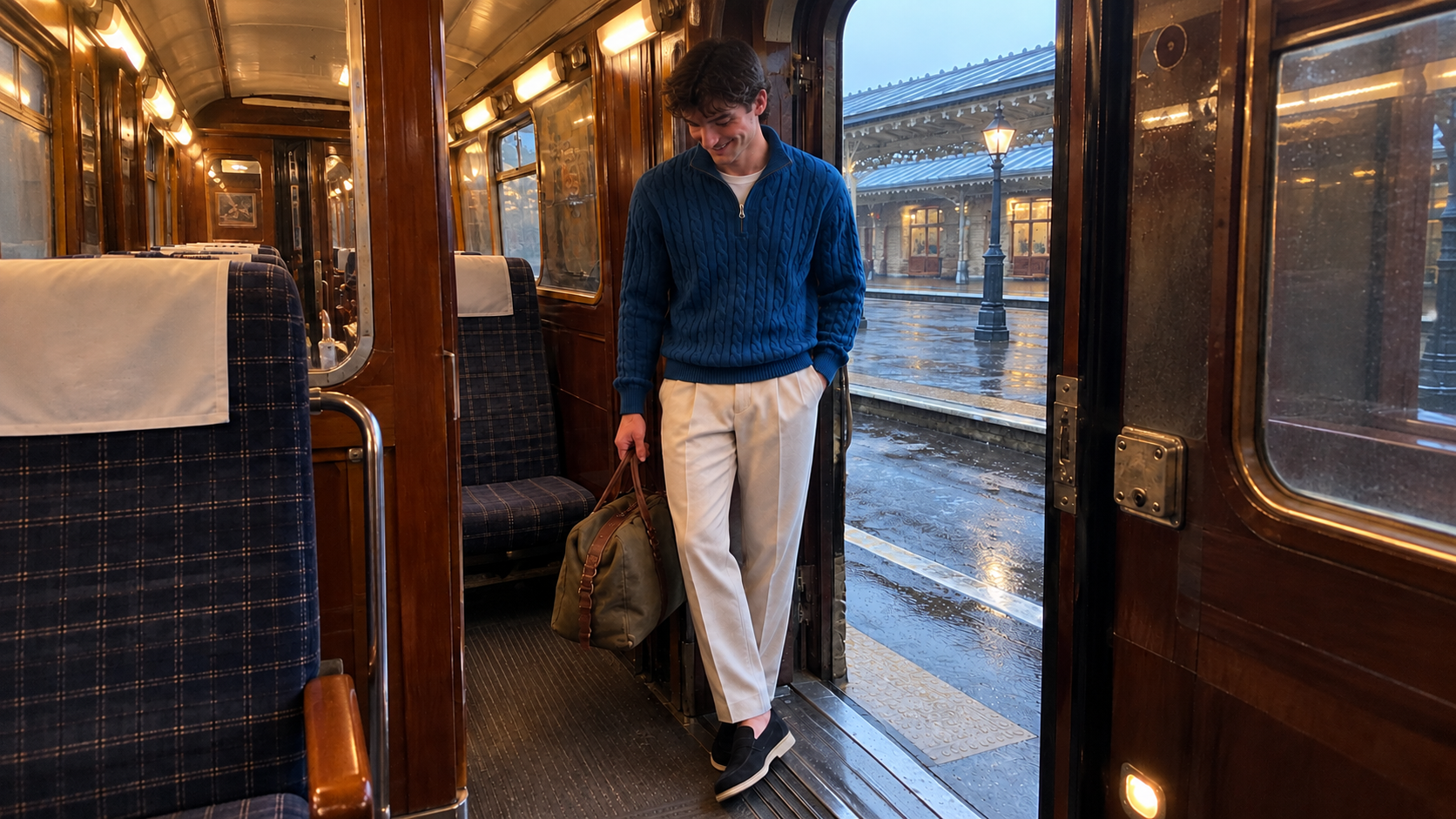 Blue Jacquard Mock Neck Sweater worn in a quiet everyday moment
