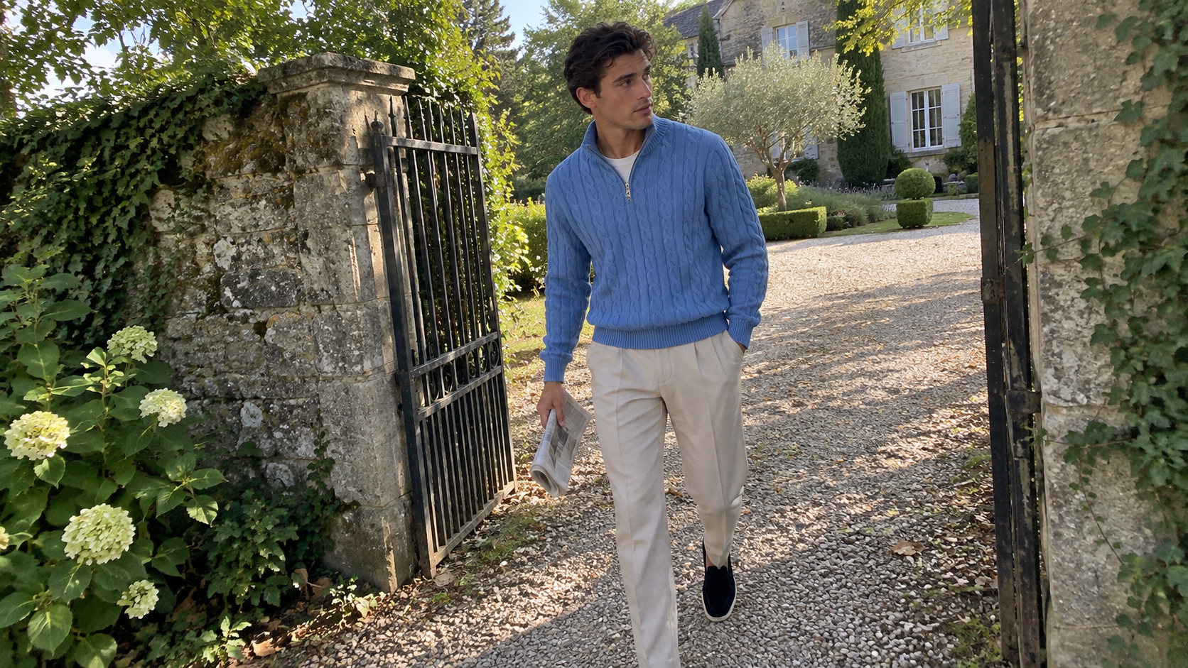 Denim Blue Jacquard Mock Neck Sweater worn in a quiet everyday moment