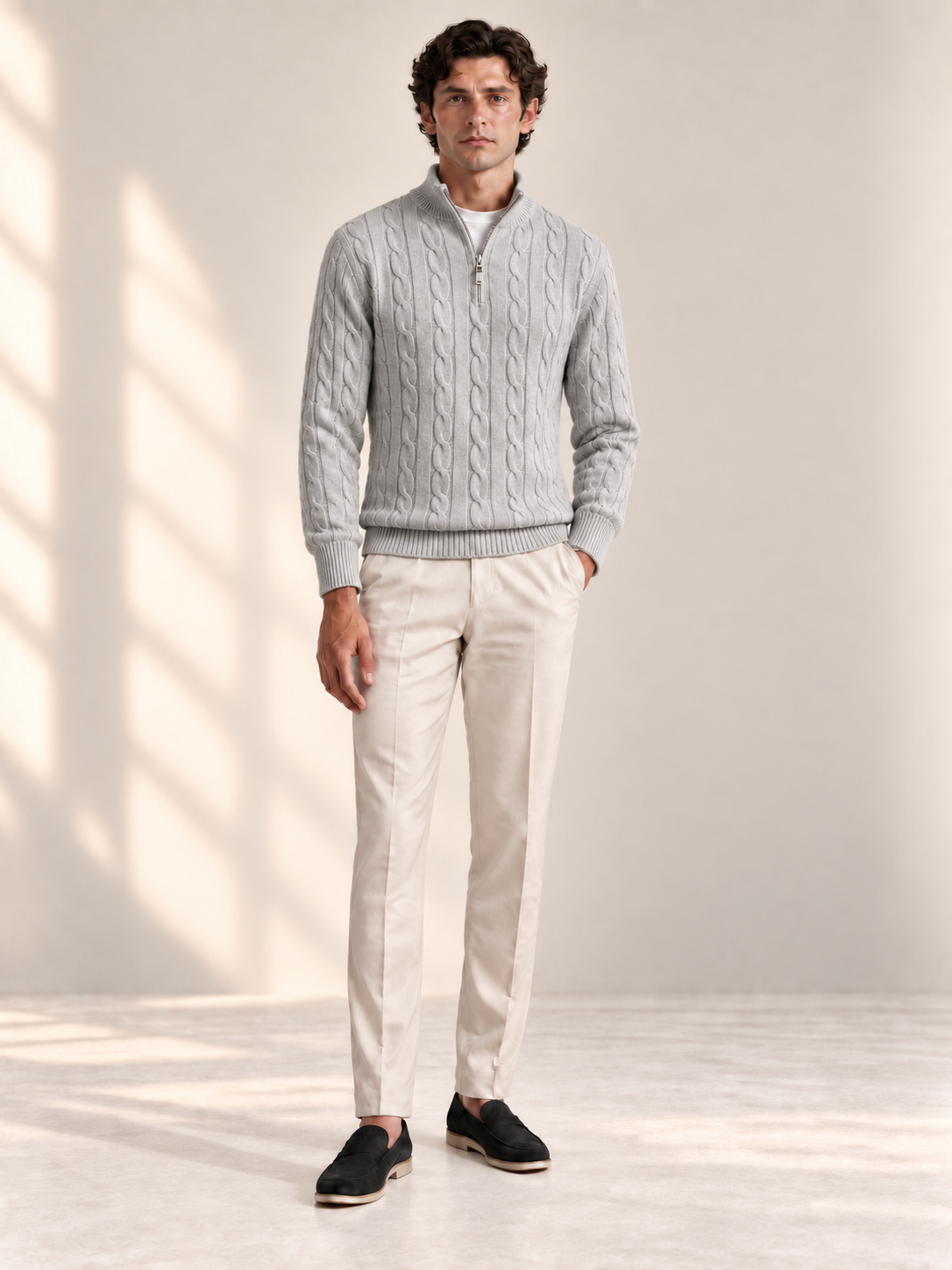 Jacquard Mock Neck Sweater — LIGHT GREY — front view