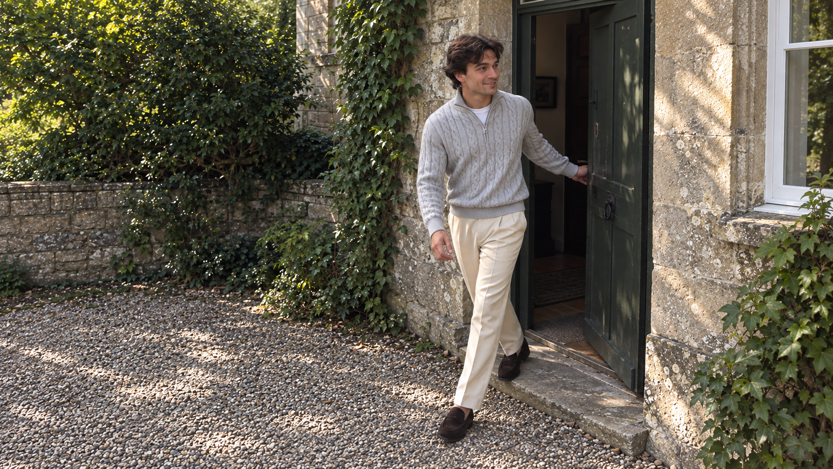 Light Grey Jacquard Mock Neck Sweater worn in a quiet everyday moment