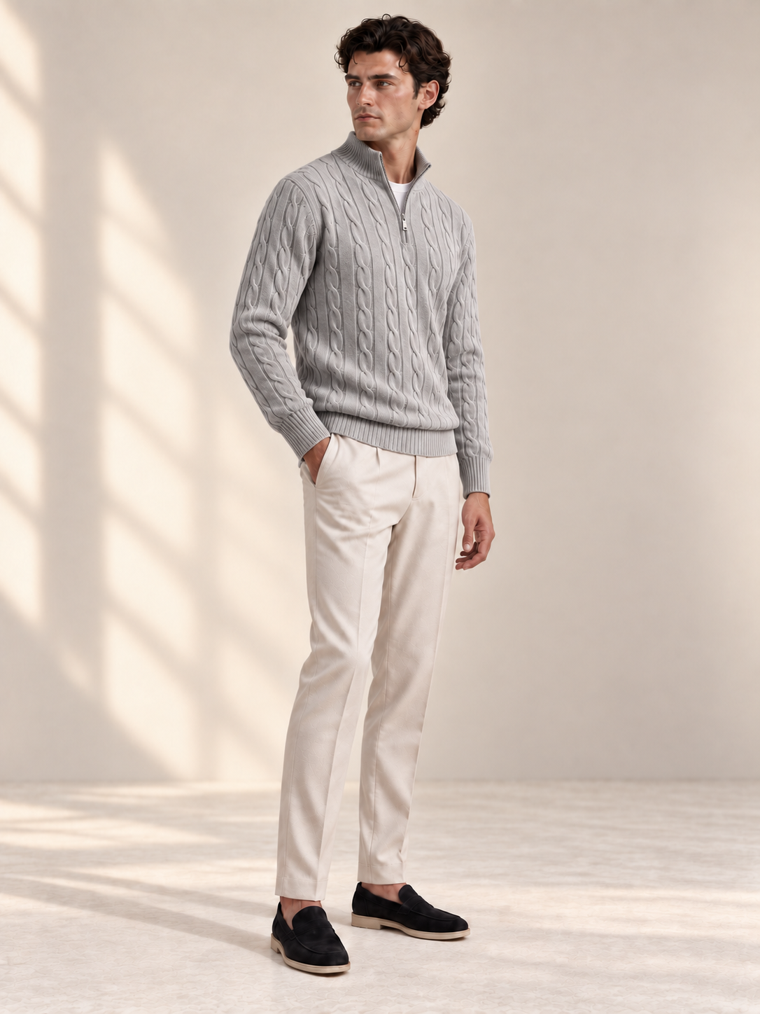 Jacquard Mock Neck Sweater — LIGHT GREY — three-quarter view