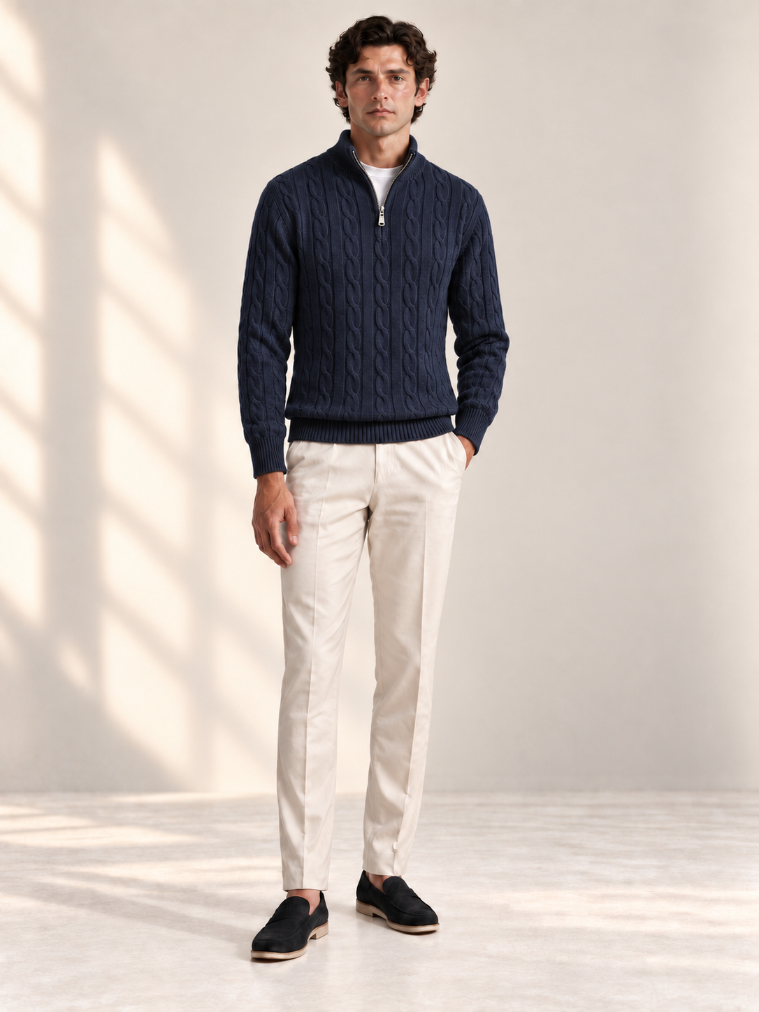 Jacquard Mock Neck Sweater — NAVY BLUE — front view