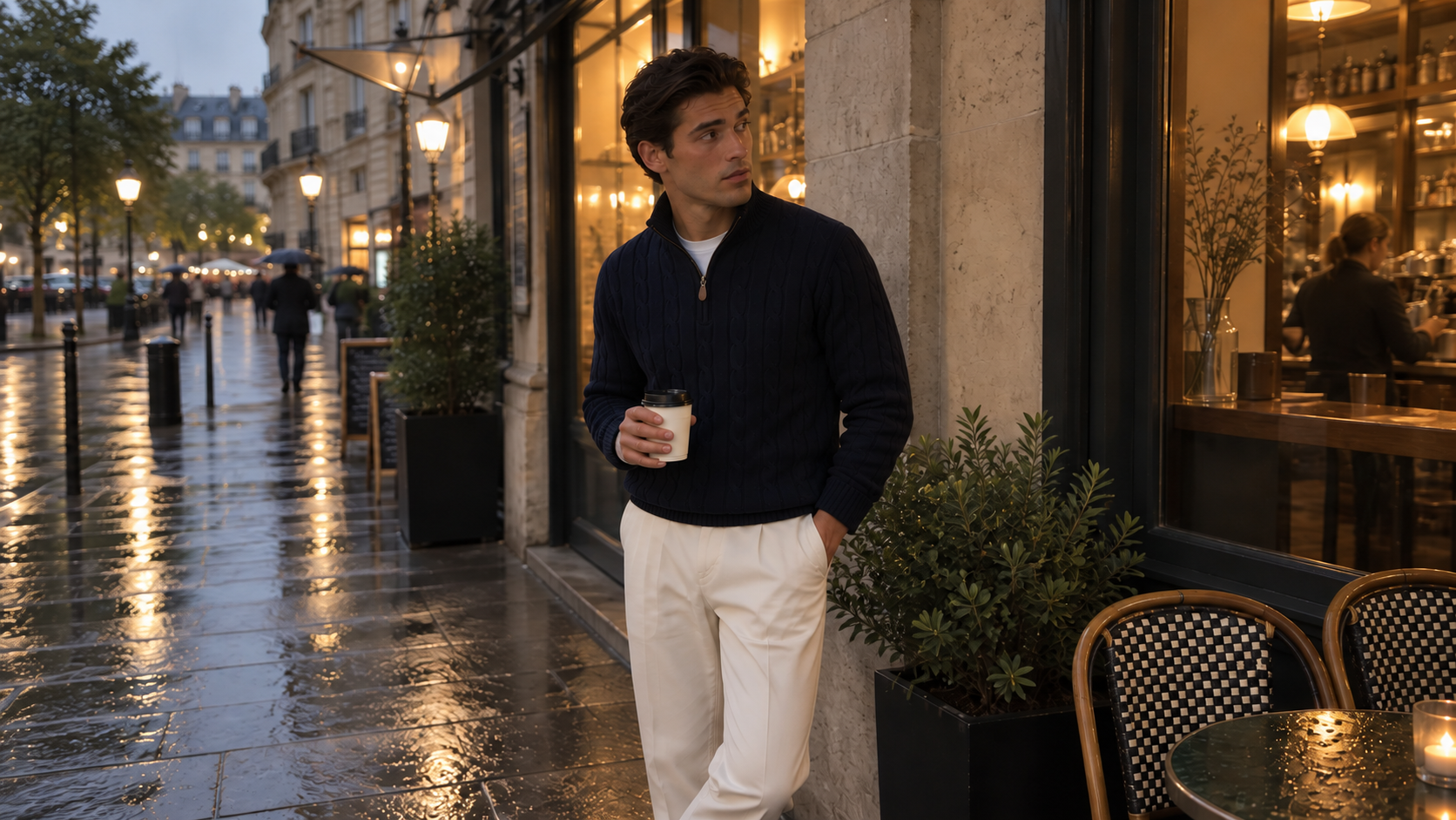 Navy Blue Jacquard Mock Neck Sweater worn in a quiet everyday moment
