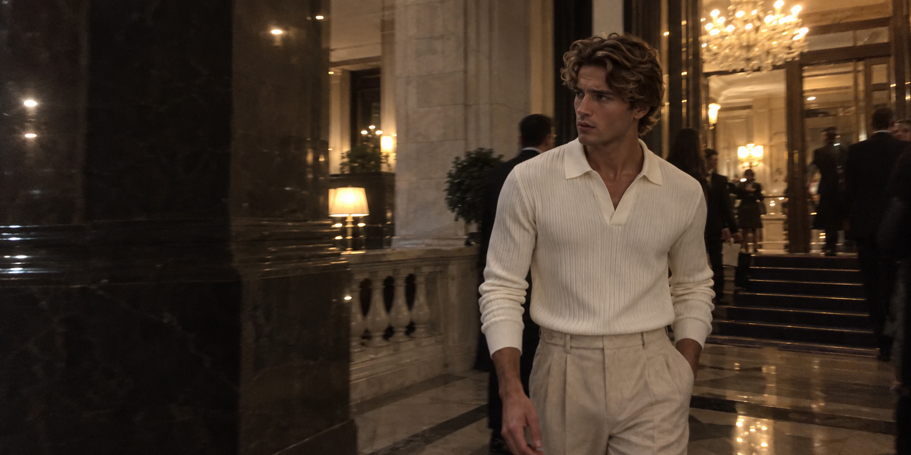 Long sleeve V collar polo and tailored trousers in a hotel hall