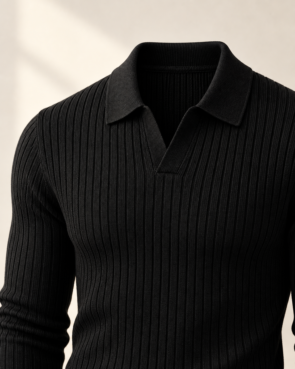 Black Long Sleeve V Collar Polo fine rib collar and open V material study