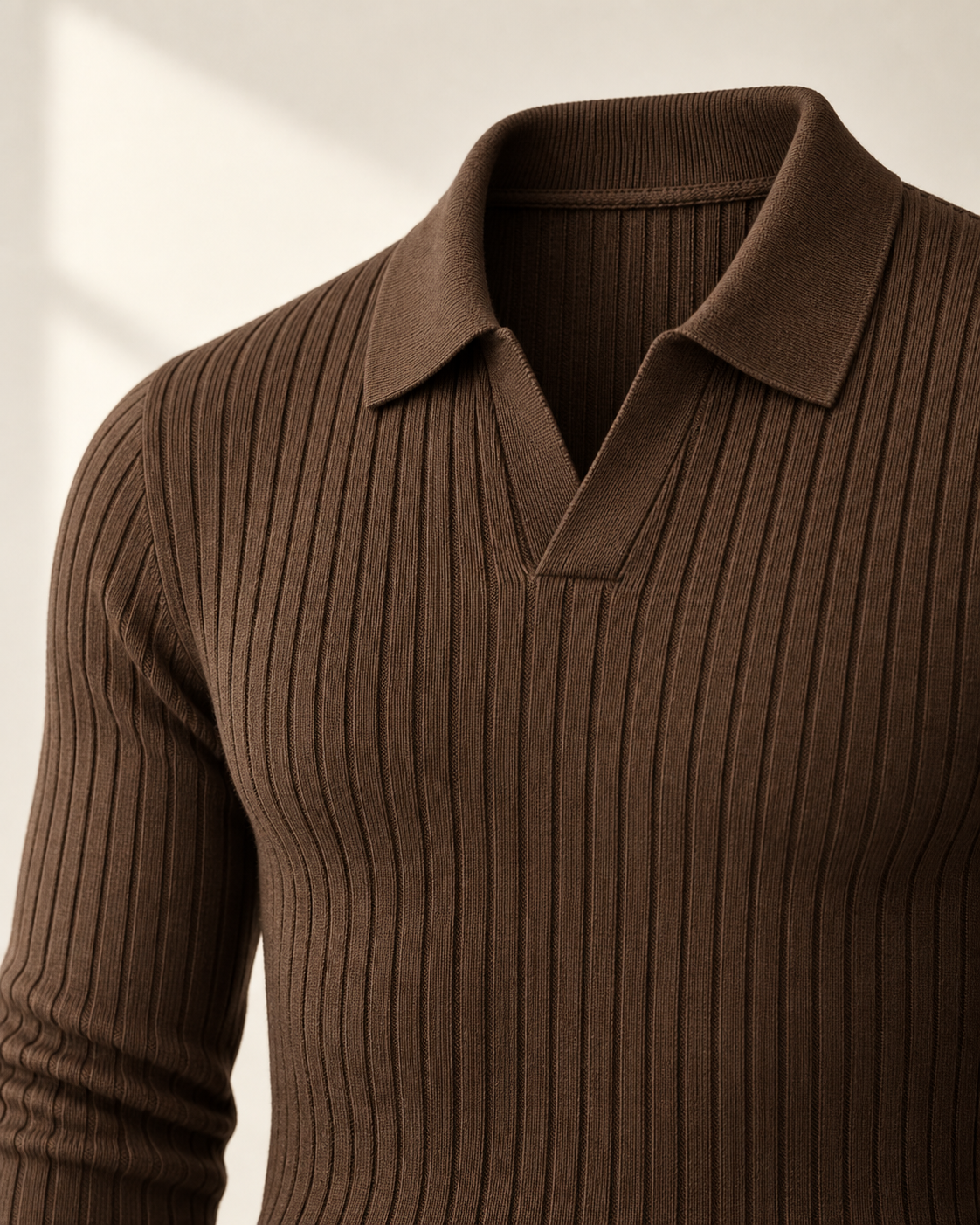 Brown Long Sleeve V Collar Polo fine rib collar and open V material study