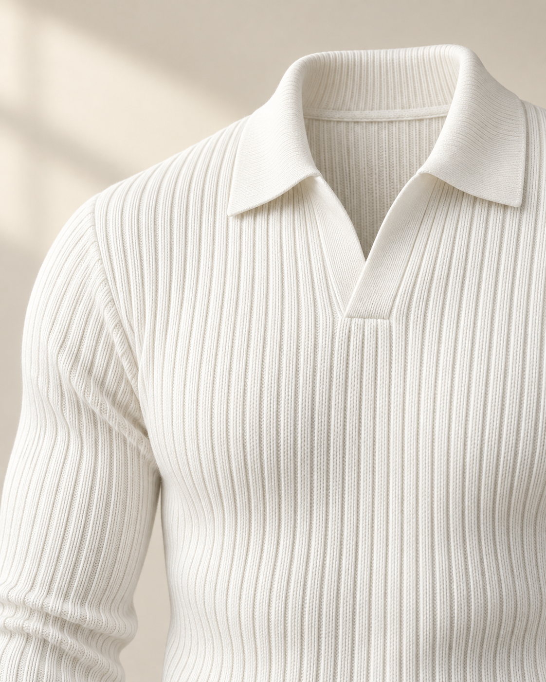 White Long Sleeve V Collar Polo fine rib collar and open V material study
