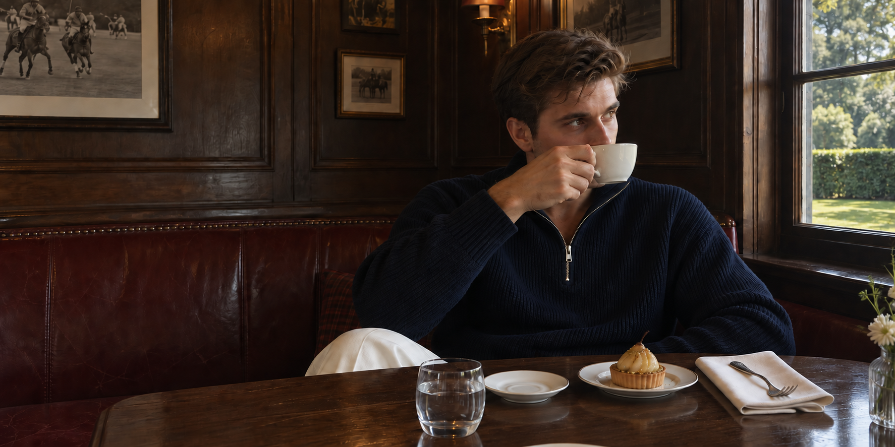 Navy half-zip knitwear at lunch in an English polo pavilion